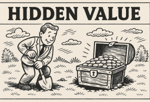 Cartoon image of a person digging a a treasure chest.